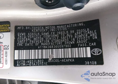 2006 Toyota Avalon Limited z USA, uszkodzony, nr VIN 4T1BK36B36U097902